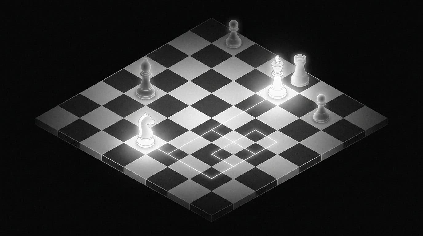 Illustrazione: una scacchiera con le mosse tracciate da linee di luce